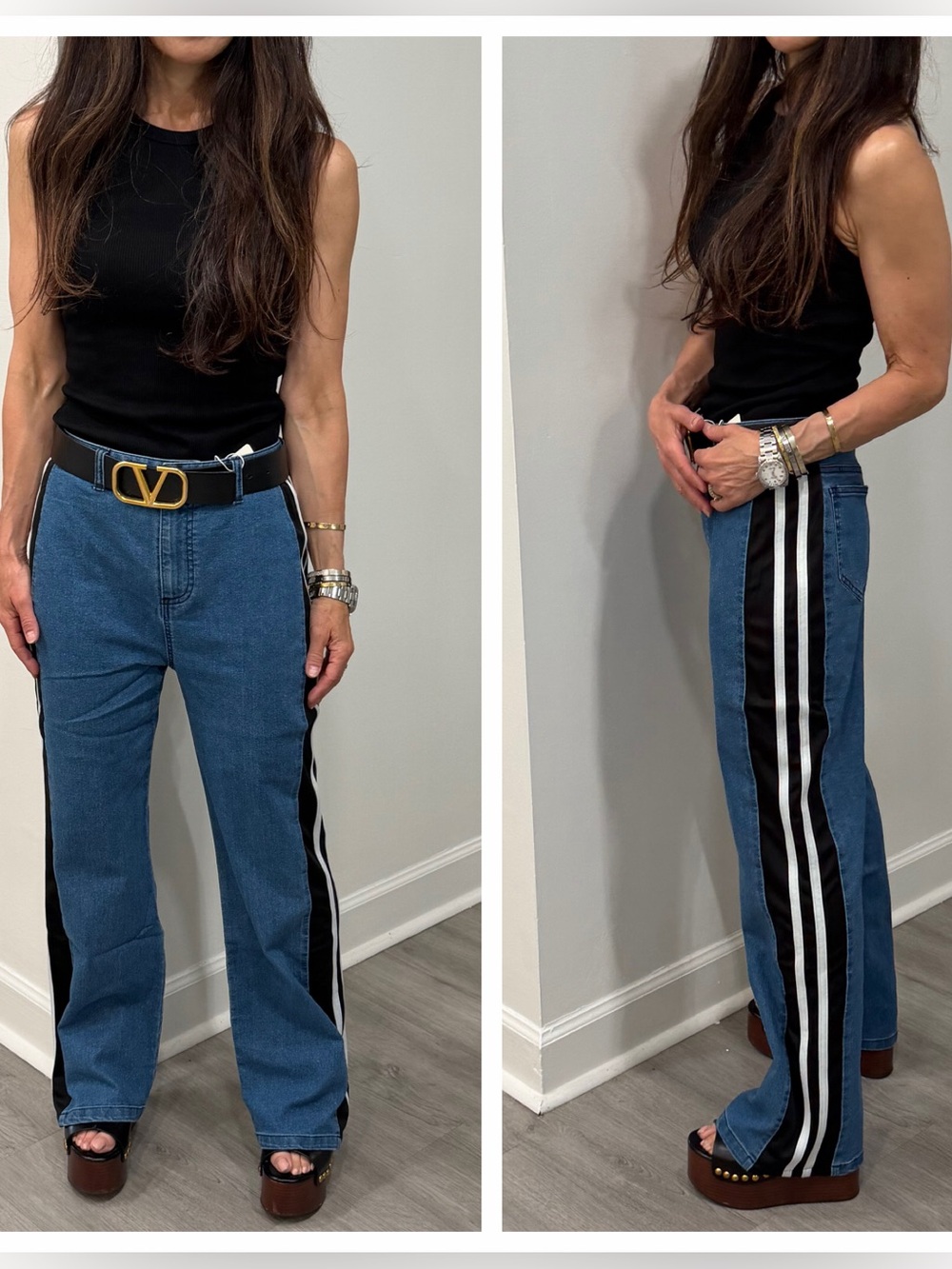 ShopEvelynne Blue Denim Wide-Leg Jeans with Black & White Side Stripes